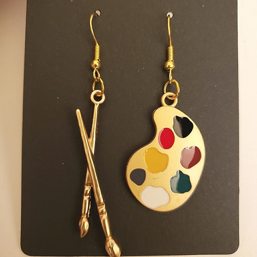 Handmade Gold Metal Artist Palette Paintbrush Earrings